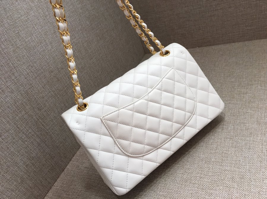 Medium Classic Flap Lambskin Bag AO1112 White/Gold